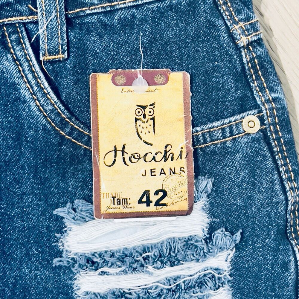 New Hocchi Brazil Jean Shorts High Rise Women’s 8 Raw Hem Distressed Denim Blue - Picture 4 of 9